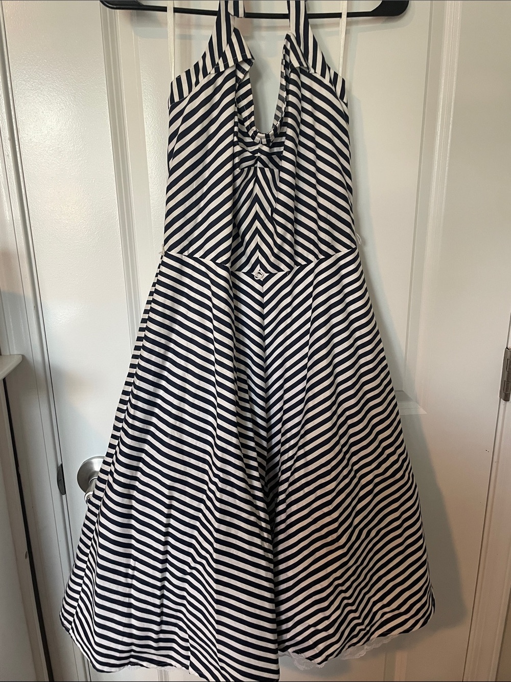 A. Byer Navy and White Halter Striped Fit-and-Flare Dress